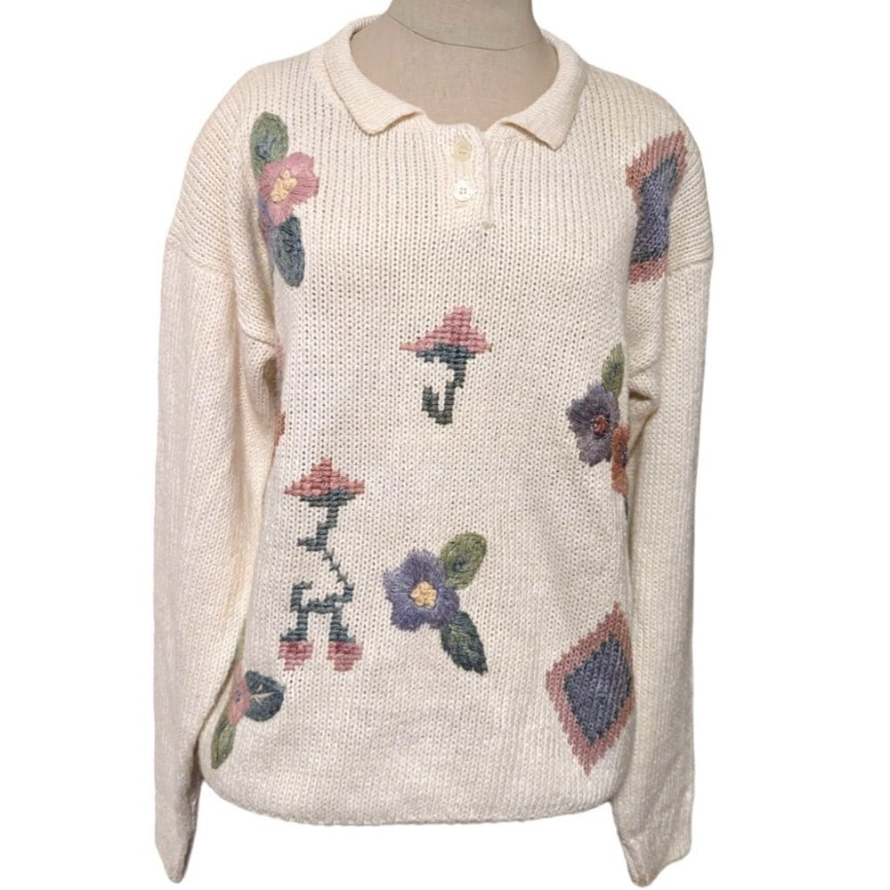 Vintage Koret Embroidered Knit Sweater Cottagecore NWT Deadstock 80's Floral